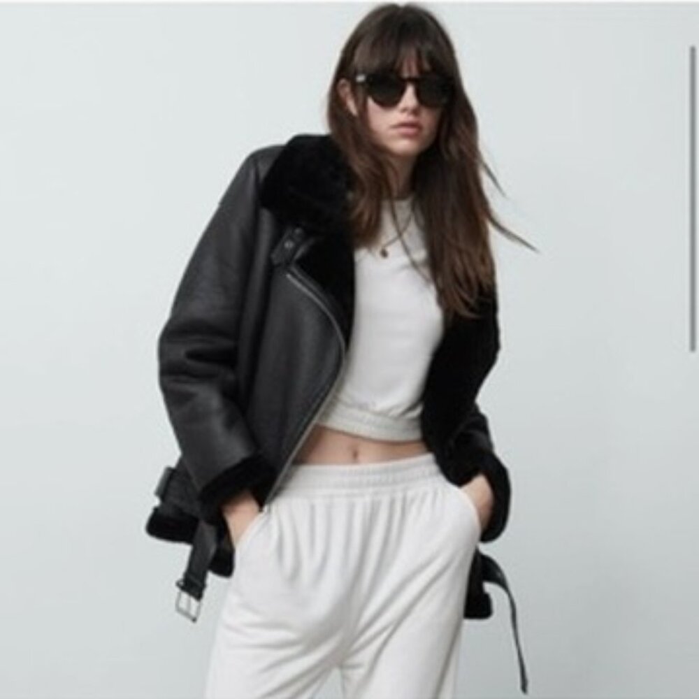 Zara | faux fur double faced biker jacket black XS